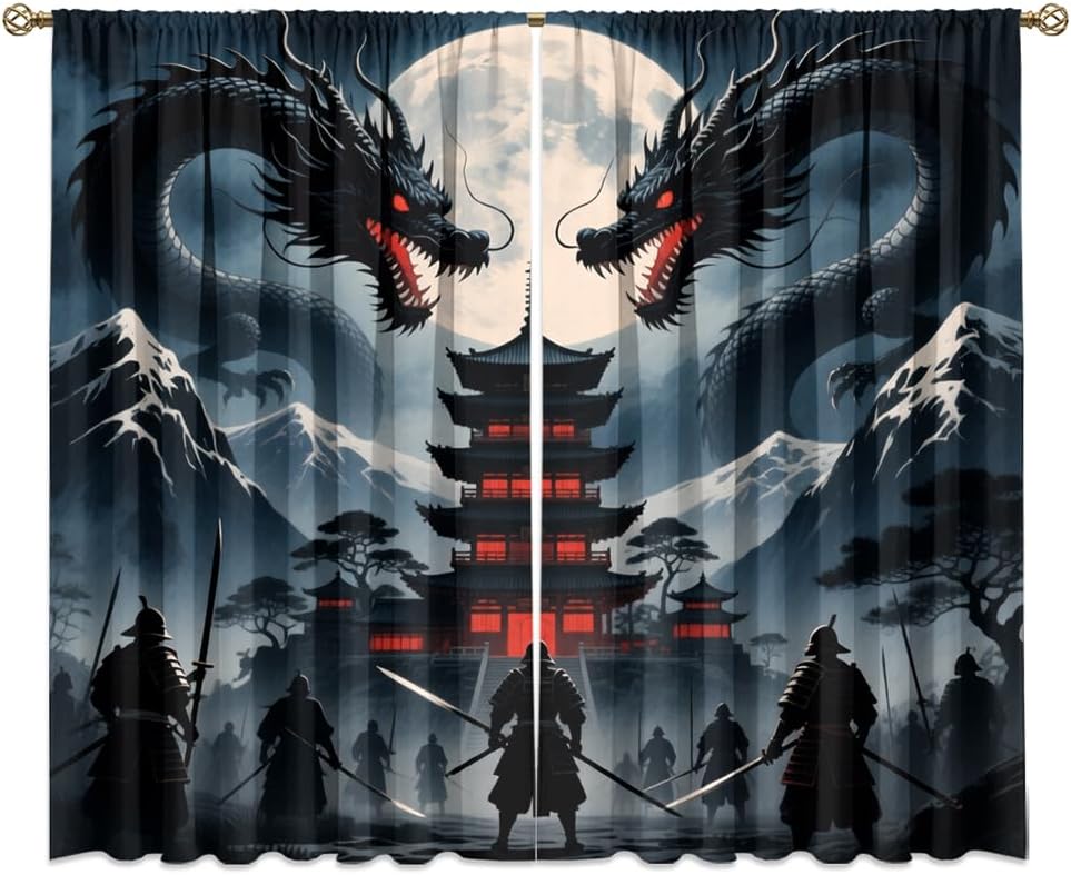 Traditional Ukiyoe Wildlife Dragon Curtains-Dreamy Ancient Japan Architecture Rod Pocket Back Tab Window Drapes,Japanese Samurai Thermal Insulated Blackout Curtain,2pcs,Each 52“W x 96”L