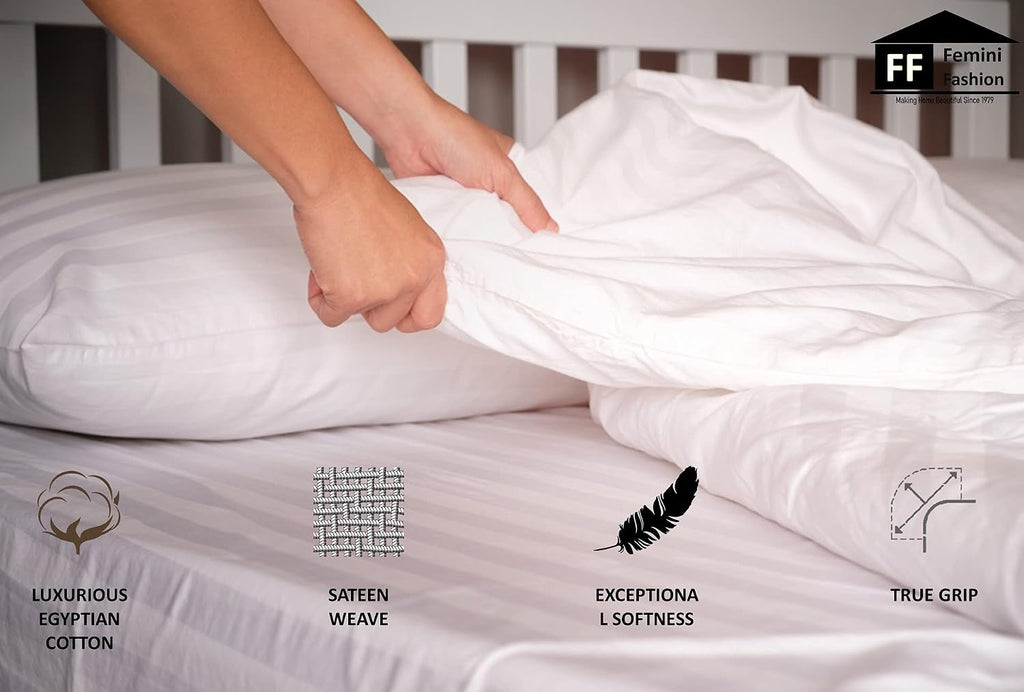 USA Full Sheet Set in Turquoise Blue Stripe 400 Thread-Count 100% Egyptian Long Staple Cotton, Sateen Weave for Soft and Silky Feel, Breathable 4-Piece Bedsheet, Elasticized 24'' Extra Deep Pocket