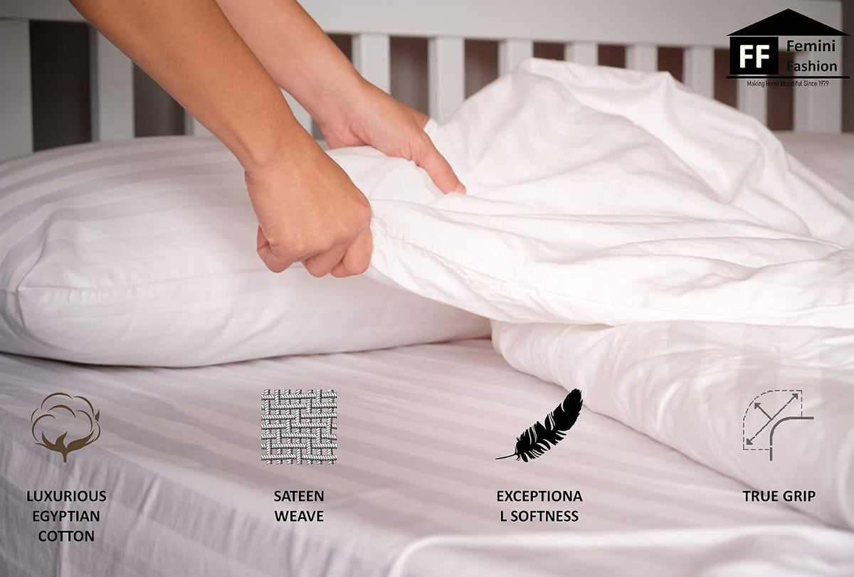 USA Short Queen Sheet Set in Light Grey Stripe 400 Thread-Count 100% Egyptian Long Staple Cotton, Sateen Weave for Soft and Silky Feel, Breathable 4-Piece Bedsheet, Elasticized 24'' Extra Deep Pocket
