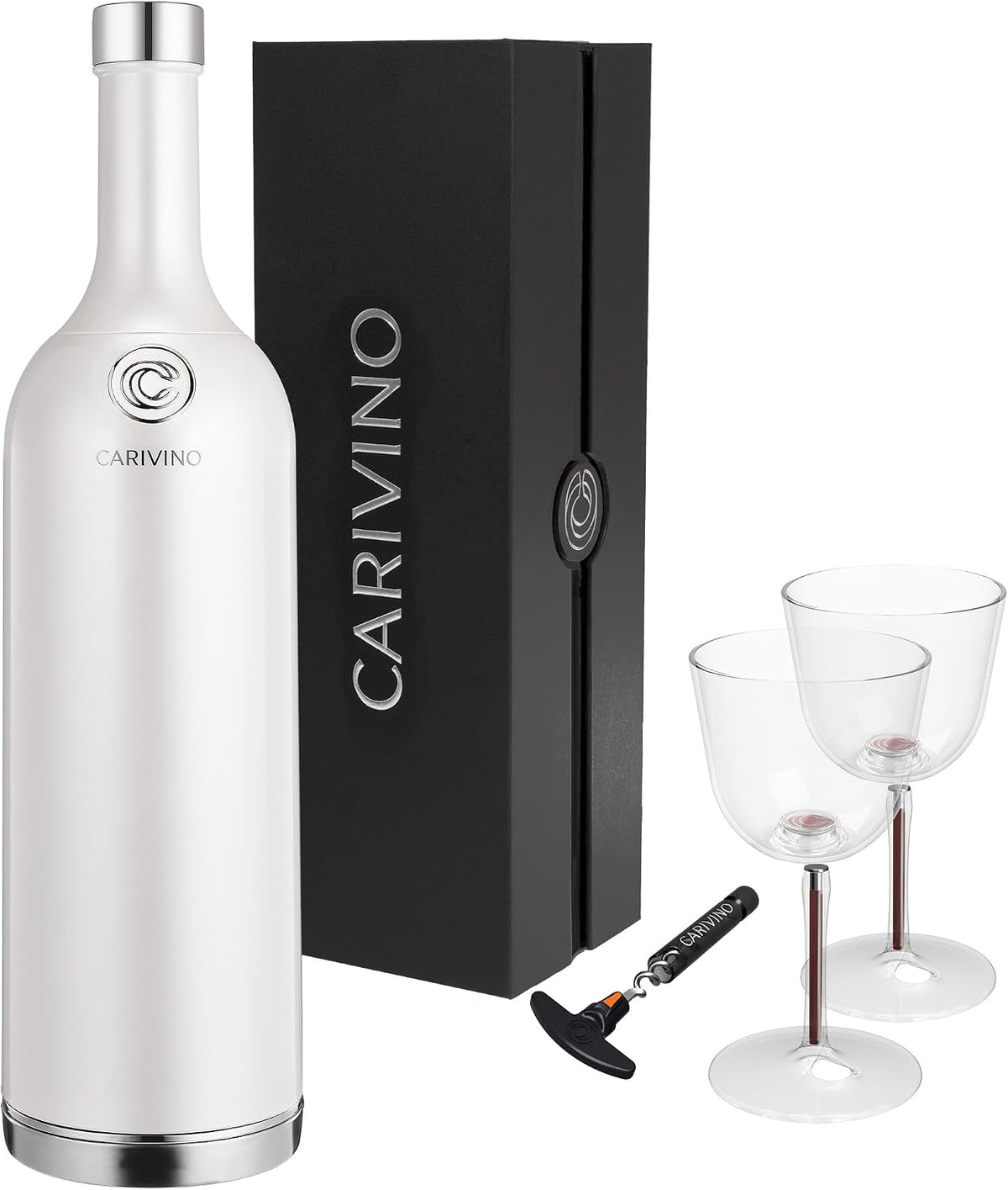 Carivino 750mL Travel Wine Flask with Two Cups, Built in Aerator, Ceramic Lined Vacuum Insulated Wine Bottle Gift (Ayoka Pearl White)