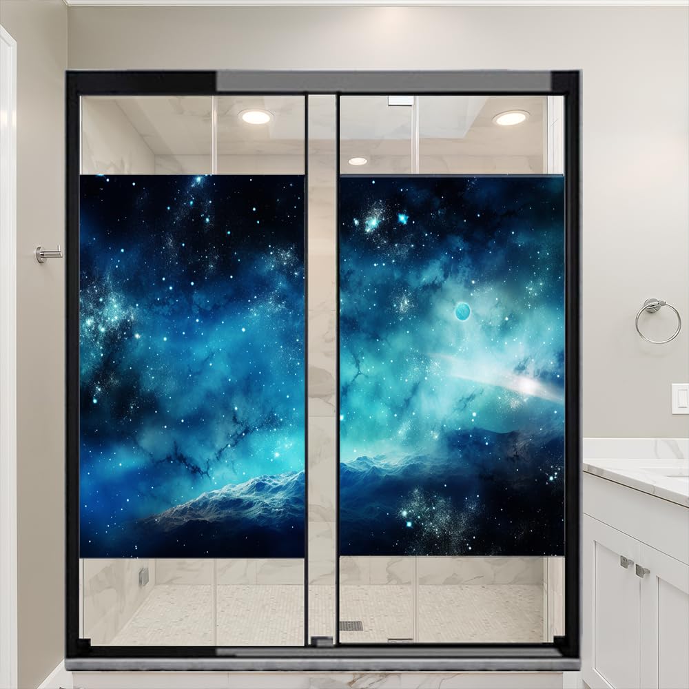 Abstract Universe Privacy Window Film Blue Galaxy Mysterious Planet Stained Glass Window Coverings Adhesive Sticker Frosted Window Film for Home Office Stores 31.5Wx47.2L-inch x2 Pcs