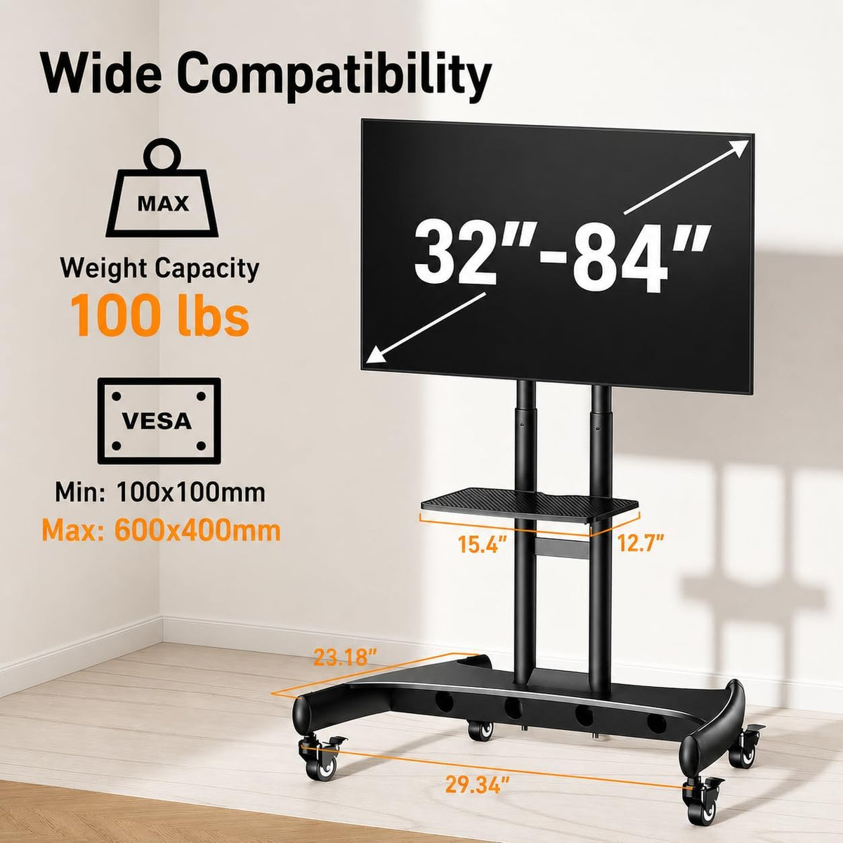 Perlegear Rolling TV Stand for 32-84 Inch TV, Mobile TV Cart up to 100lbs, Adjustable Height Outdoor TV Cart with Heavy-Duty Base, VESA 600x400mm, Portable TV Stand on Wheels for Livingroom PGTVMC05-1