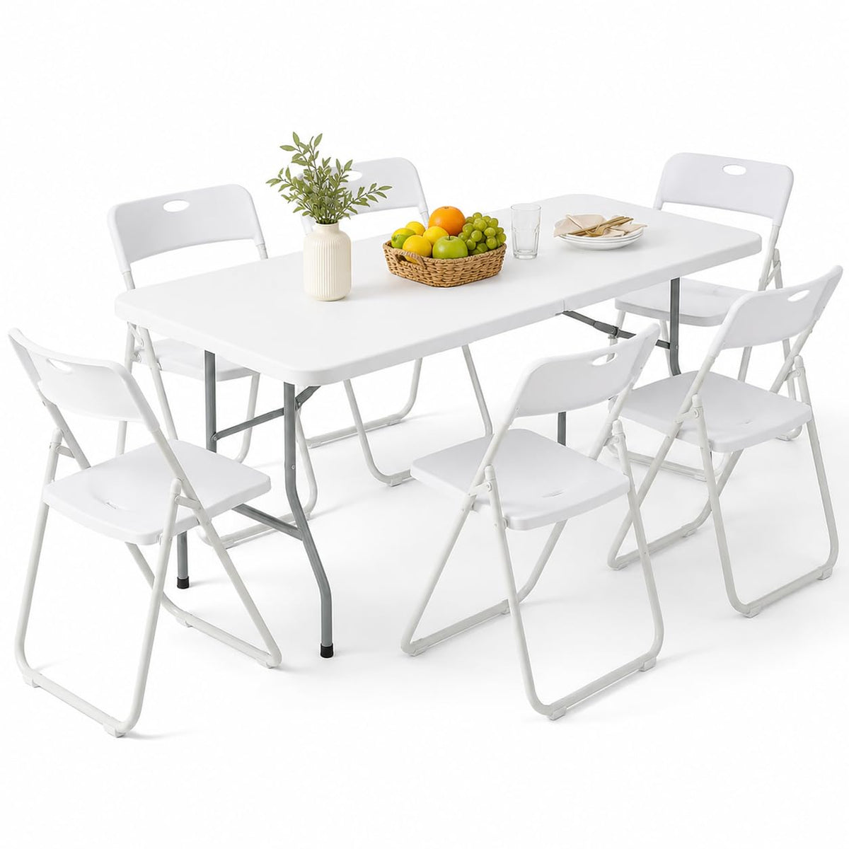 6FT Foldable Table Set with 6 Pack Plastic Folding Chairs, Heavy Duty 350 lbs Folding Table & Folding Chairs, Portable Foldable Furniture Bundle for Parties, Wedding, Events, Indoor & Outdoor