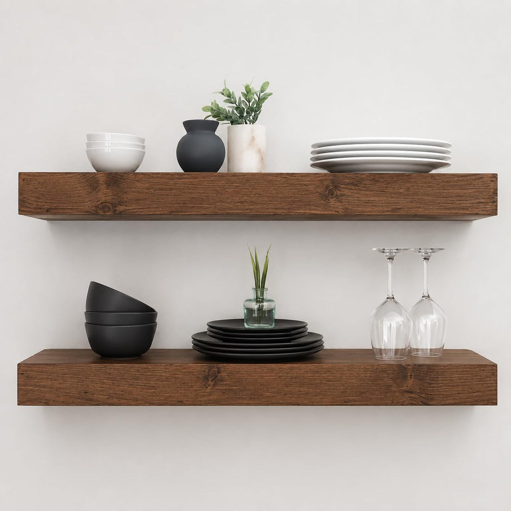 Urbandi Modern Floating Shelves 3 Inches Thick for Wall, Wide Shelves for Kitchen, Living Room, Bedroom, and Bathroom, Natural Pine Wood, Rustic Wooden Shelf, (Set of 2) (Provincial, 24Lx3Hx8D)