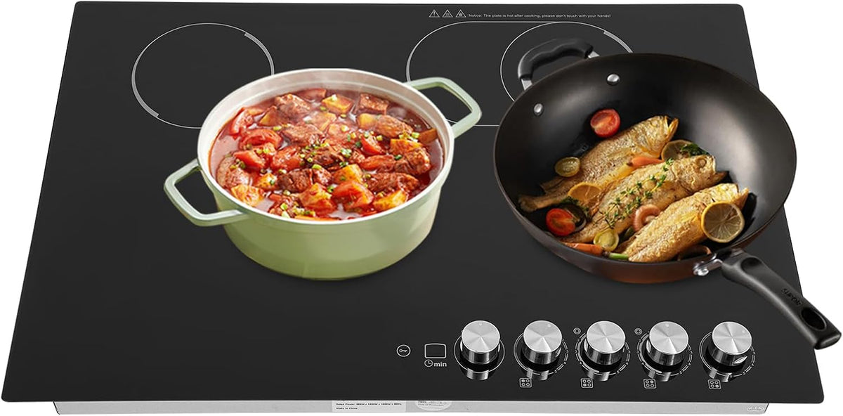 4-Burner Cooktop 110V 1200W Built-in Stove Top with 0-90mins Timer,with Independent Knob Child Lock 4 Power Levels Ceramic Cooktop for Kitchens, No Plug