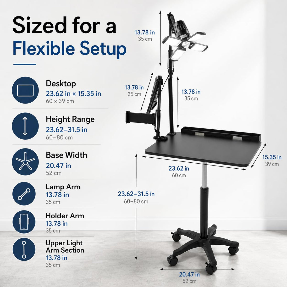Professional Tattoo Workstation with LED Light, Adjustable Tattoo Artist Table with 6-9in Holder, Rolling Tattoo Desk Cart with Lockable Wheels, Mobile Tattoo Trolley for Studio Salon