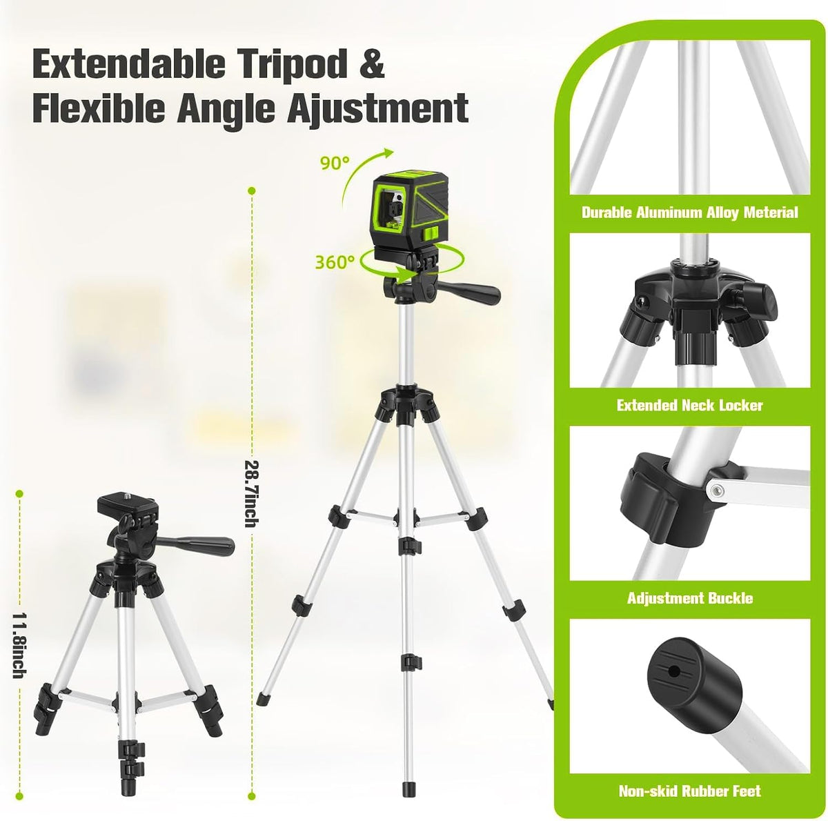 Laser Level with Tripod, 120 feet Green Cross Line Self Rotary Leveling Laser Level, Vertical and Horizontal Line, Rotatable 360 Degree, Manual Self leveling and Pulse Mode,IP54 Waterproof & Battery1