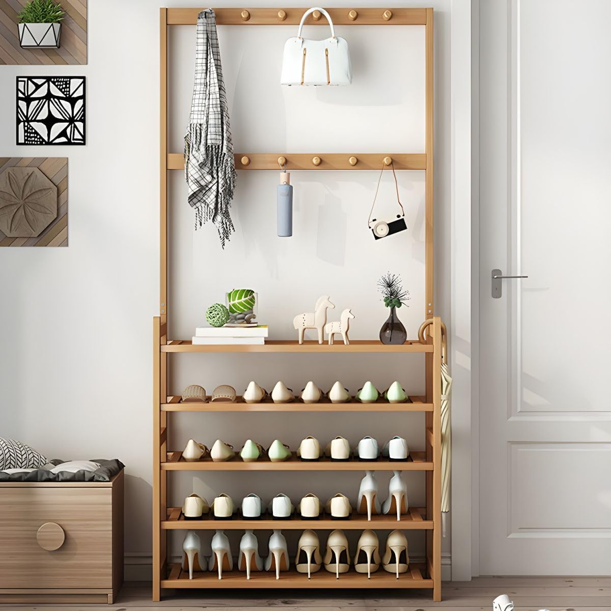Modern Wood Coat Hanger Storage Shelves & Coat Hooks Entryway Kit Multifunctional Clothes Hanger Floor-standing Bedroom Clothes Storage Rack Simple Coat Rack Natural 31.5"L x 9.1"W x 69.3"H
