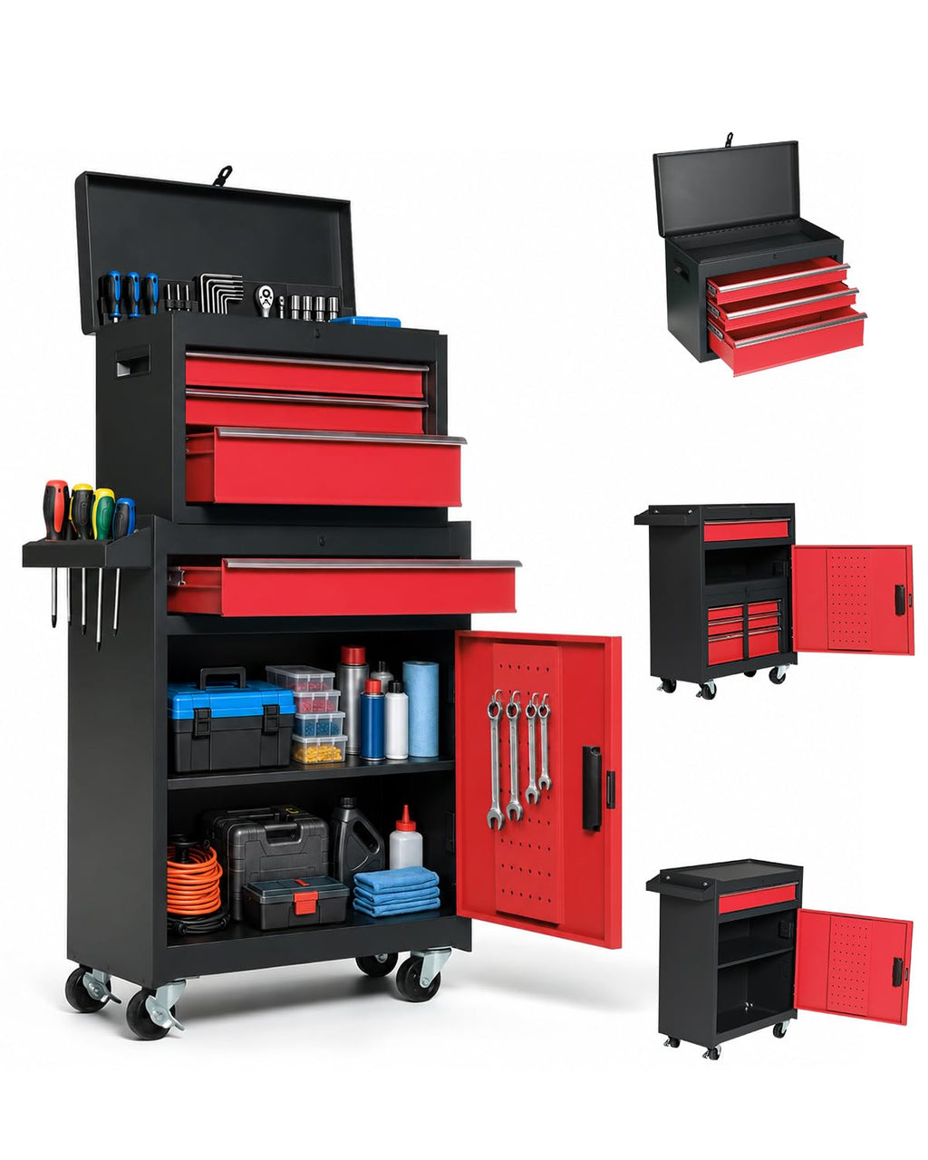 Winado 4-Drawer Rolling Tool Chest, 2-in-1 Large Storage Toolbox, Red