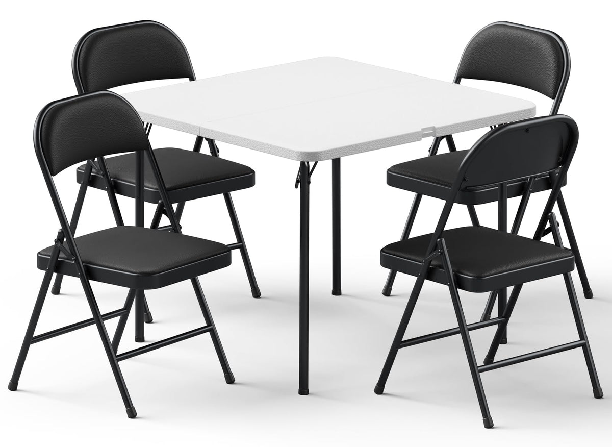 Folding Table and Chairs Set for 4, 36 Inch Foldable Card Table with Carrying Handle & 4 PU Leather Padded Folding Chairs, Portable Indoor Outdoor Dining Table Set for Picnic, Camping, RV, Game Night