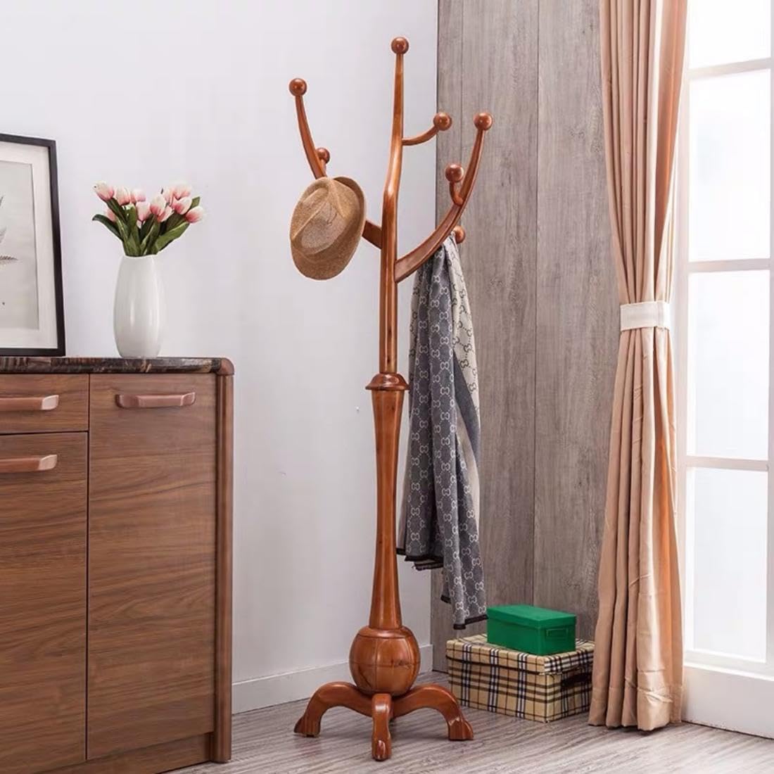 Freestanding Coat Rack with 8 Hooks, 70 Inch Floor Coat Tree Wooden Clothes Rack Tree-shaped Clothing Organizer Walnut for Entrance Living Room Bedroom