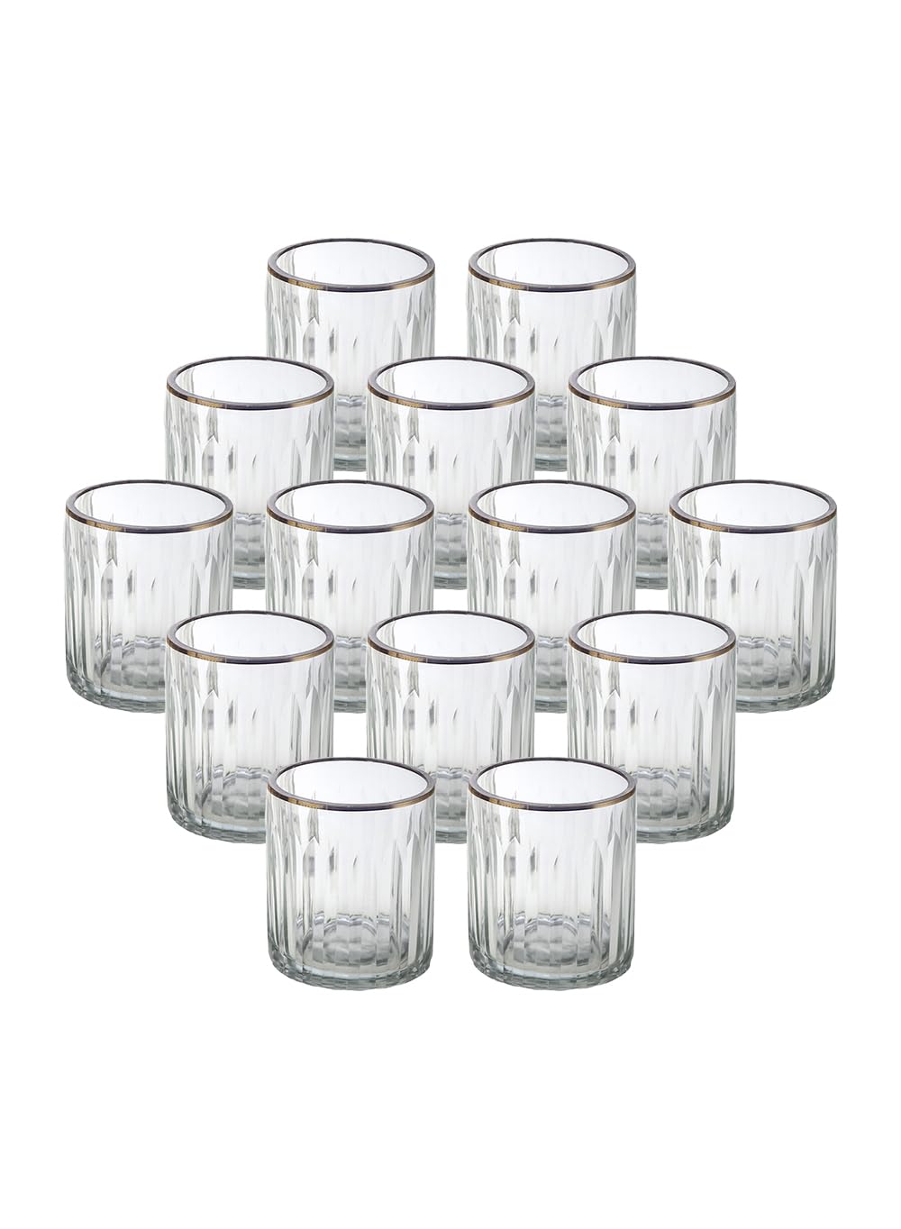 Serene Spaces Living Set of 32 Etched Stripes Glass Votive Holders with Gold Rim, Ideal for Wedding Decorations, Parties, Events, Measures 3" Tall and 2.5" Diameter
