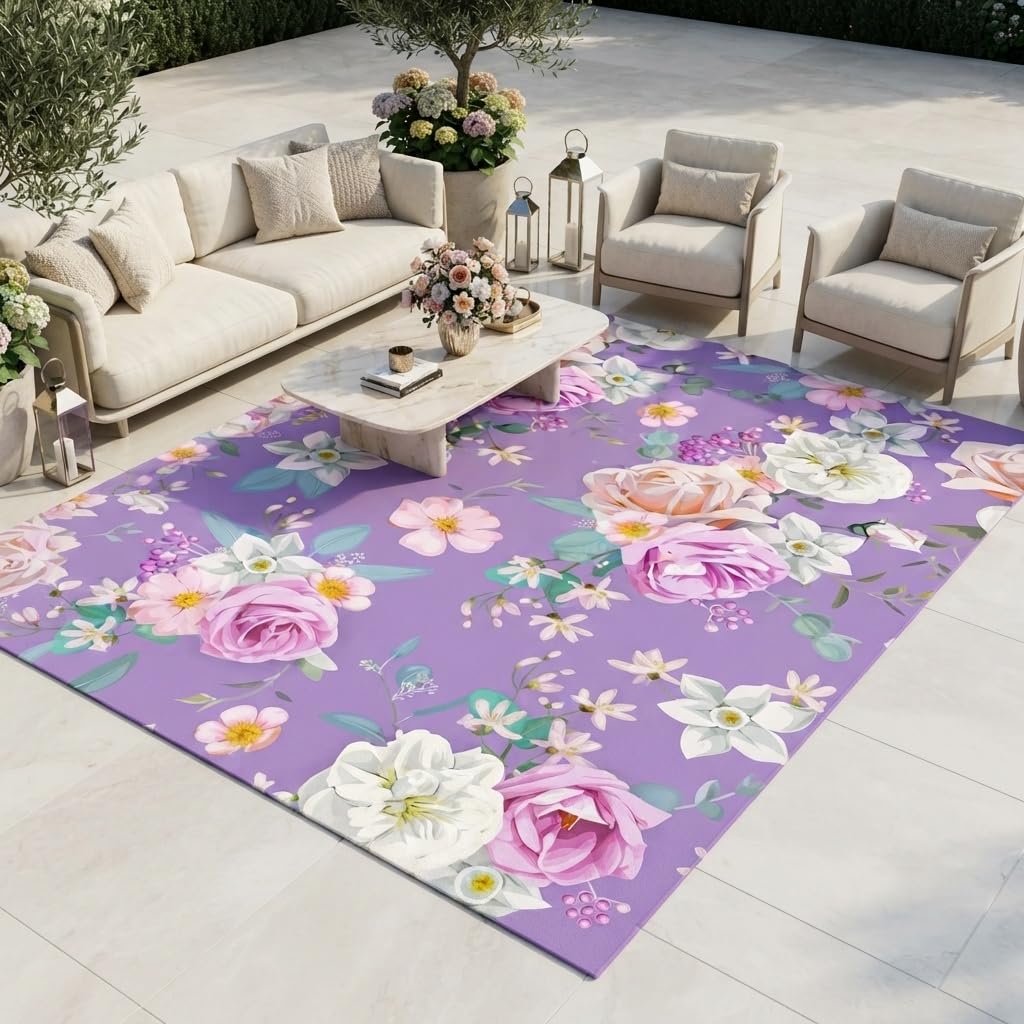 White Pink Beige Gentle Elegant Outdoor Floral Rugs 9x12 Contemporary Aesthetic Texture Thin Non Slip Durable Indoor Outside Carpets for Garden Backyard Balcony Patio Deck Veranda Deck Mats