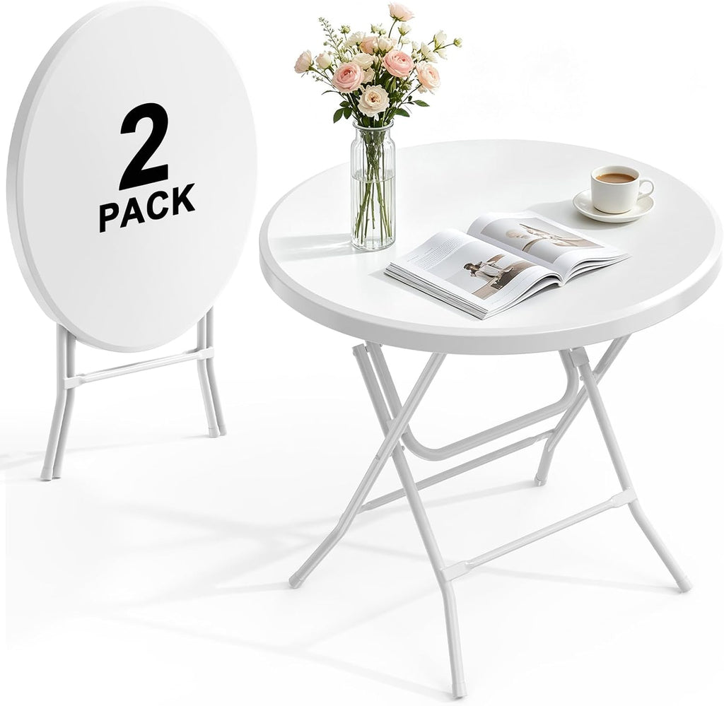 32" Round Folding Table, HDPE Top & Metal Frame, 2 Pack, White
