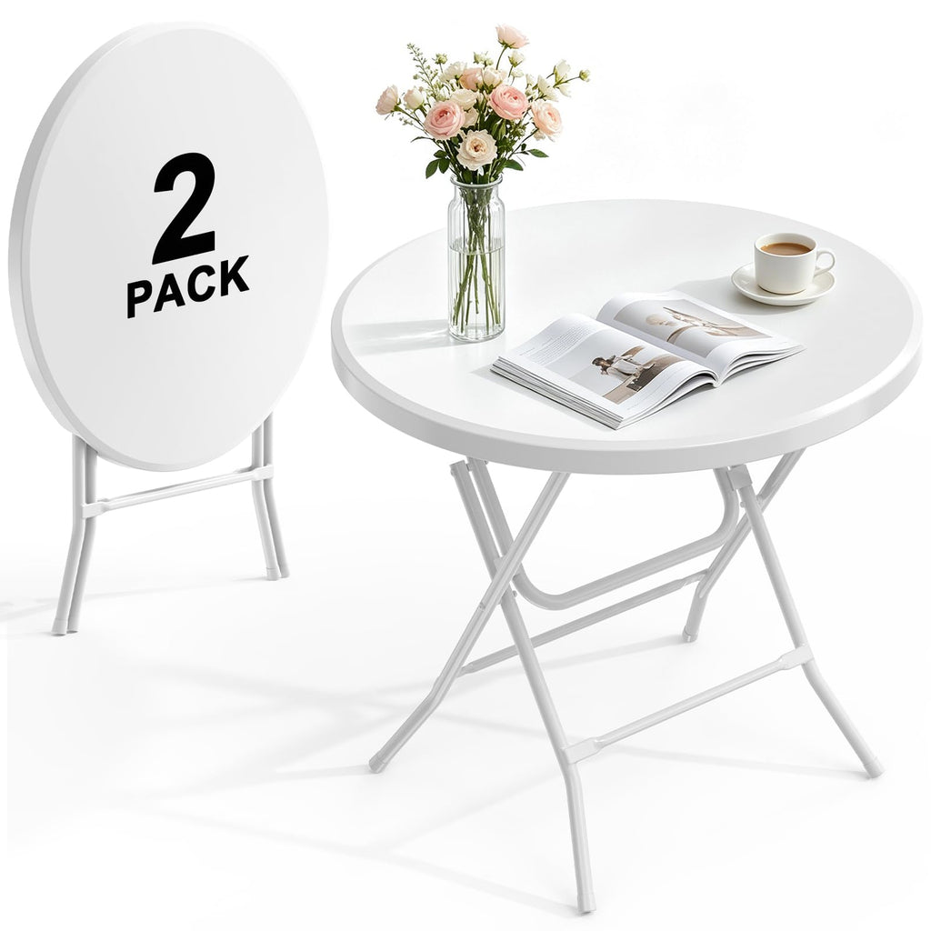 32" Round Folding Table, HDPE Top & Metal Frame, 2 Pack, White