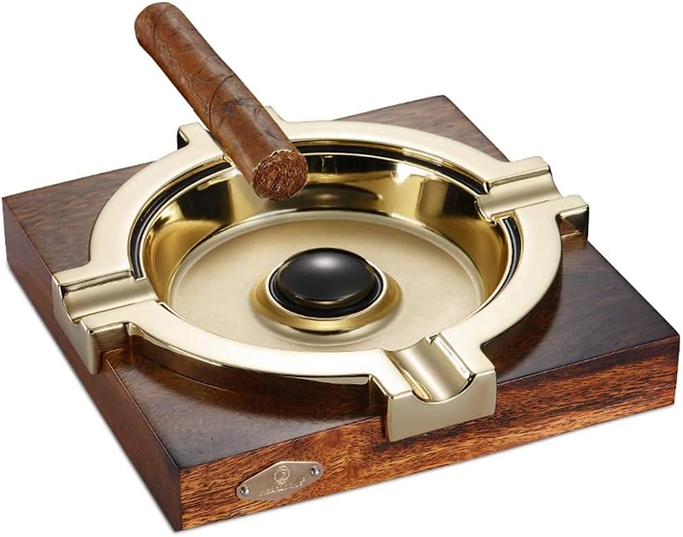 Cigar Wooden Ashtray Creative Living Room Stainless Steel Smoke Slot Large Cigarette Ashtray Brown,18.5x18.5x3.8cm, size