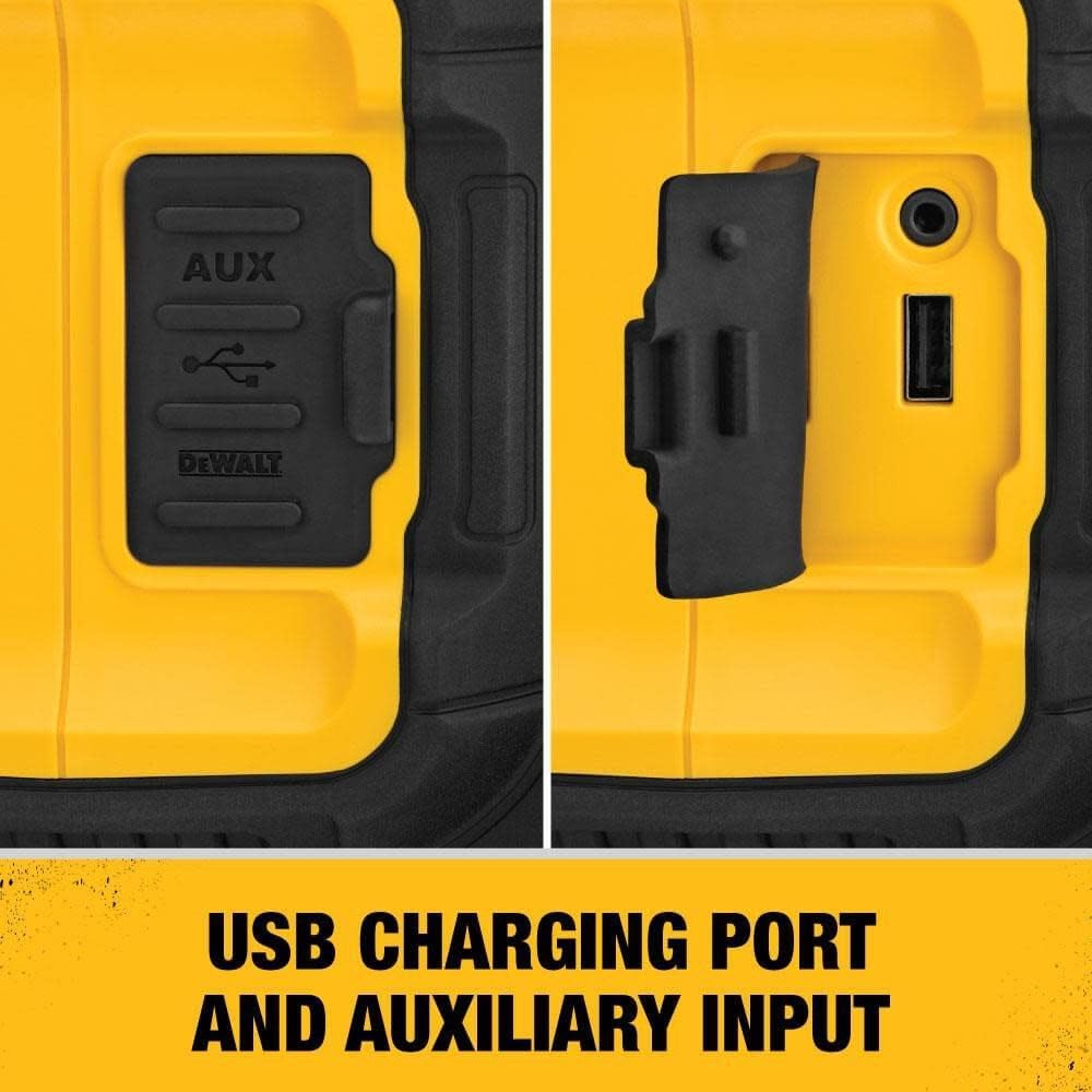 DEWALT 20V MAX Bluetooth Speaker, 100 ft Range, Durable for Jobsites, Phone Holder Included, Lasts 8-10 Hours with Single Charge (DCR010), Black Yellow