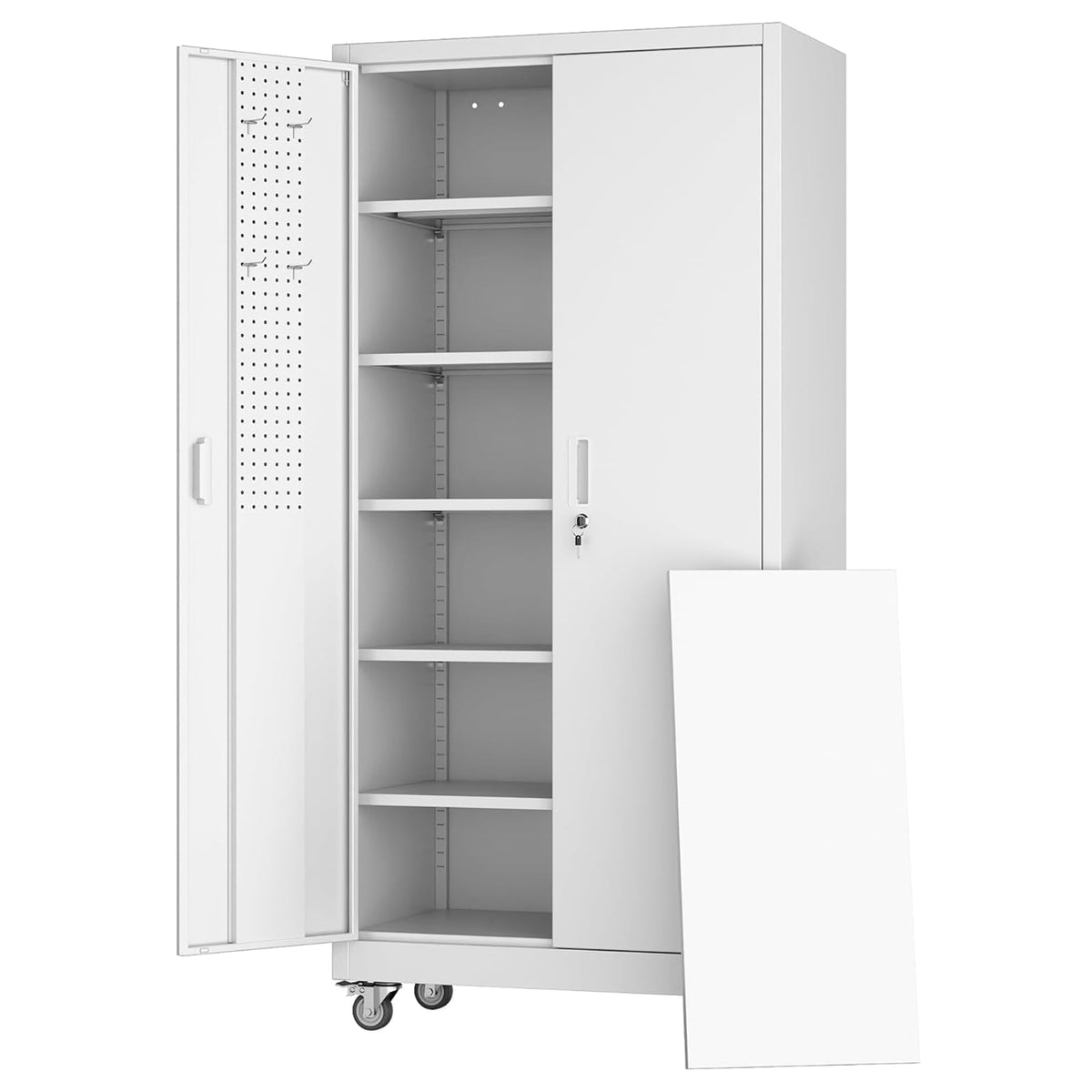 Aobabo 71" Metal Storage Cabinet with Wheels, 5 Shelves & Pegboards, Black