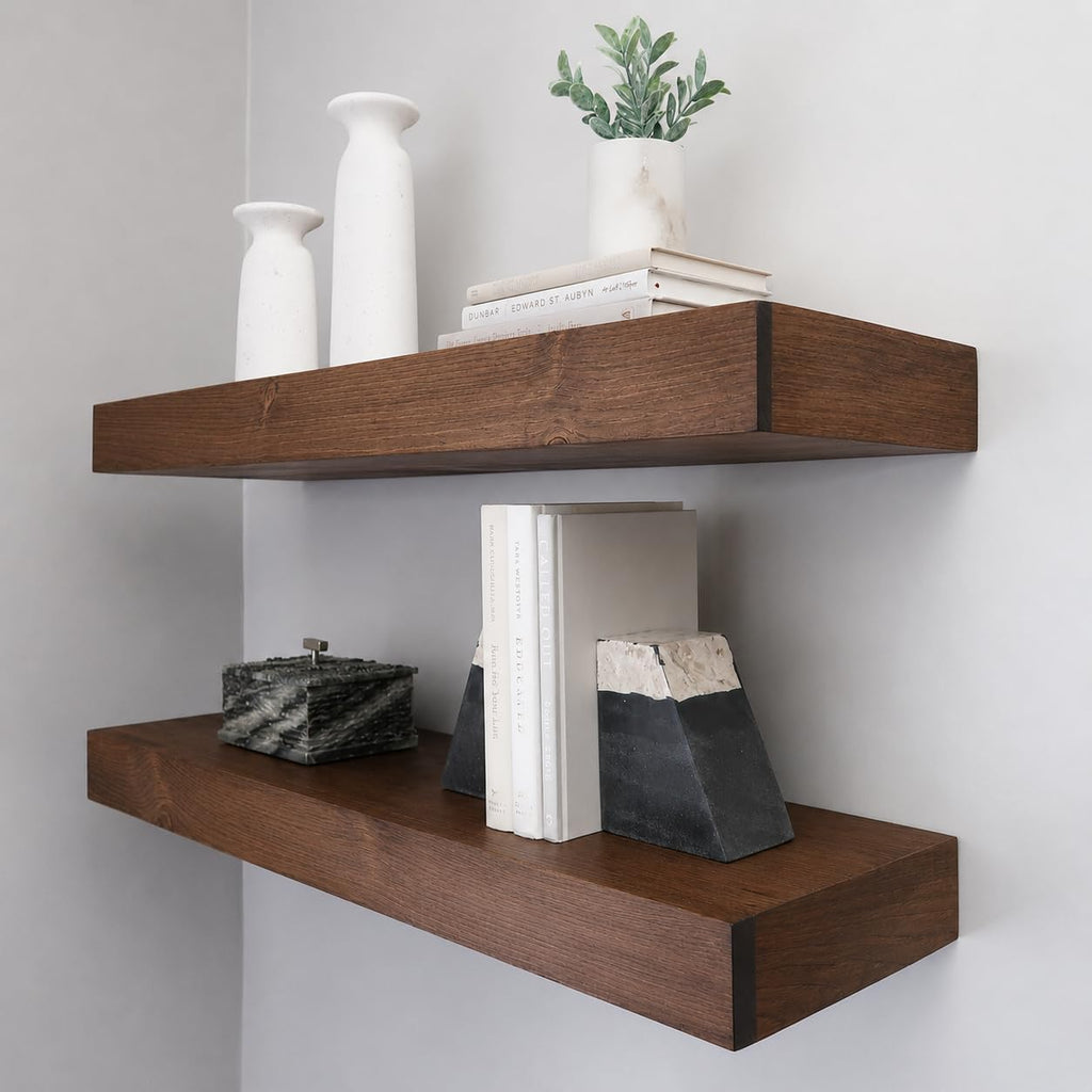 Urbandi Modern Floating Shelves 3 Inches Thick for Wall, Wide Shelves for Kitchen, Living Room, Bedroom, and Bathroom, Natural Pine Wood, Rustic Wooden Shelf, (Set of 2) (Aged Oak, 24Lx3Hx8D)