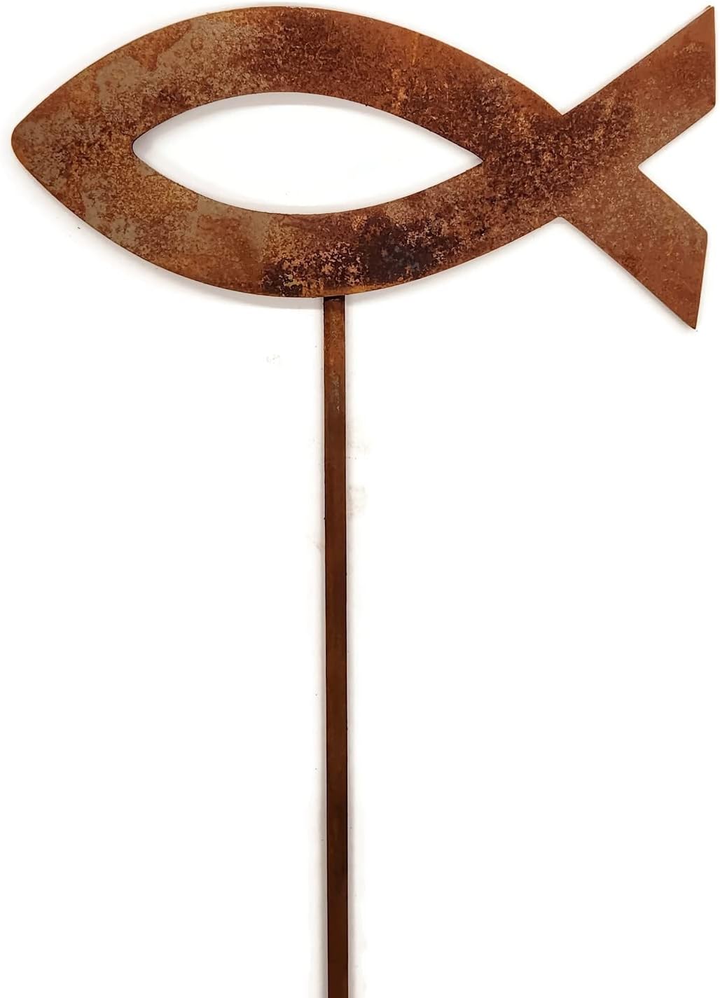 Christian Jesus Fish Metal Steel Garden Landscape Stake 20 to 33 Inches Tall (Jesus Fish with Cross 33" Tall Including Stake, Naturally Rusted)