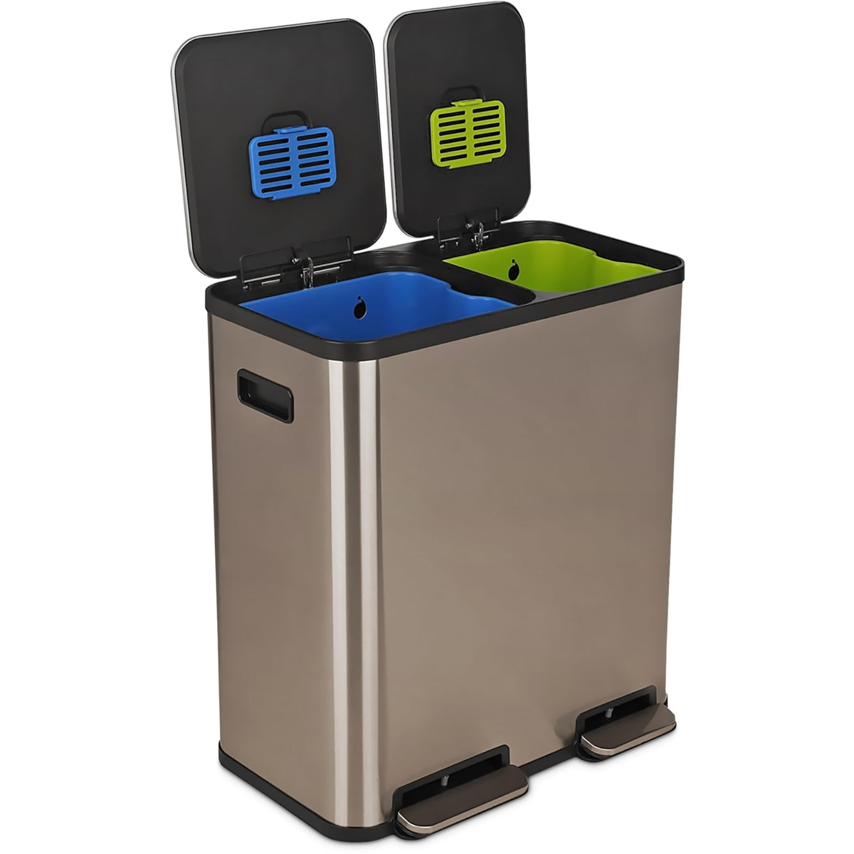 SIMPLI-Magic 21 Gallon (80L) Dual Compartment Kitchen Trash Can - Hands-Free Step Pedal, Soft-Close Lid, Stainless Steel Recycling Bin with Odor Filter (40L + 40L)