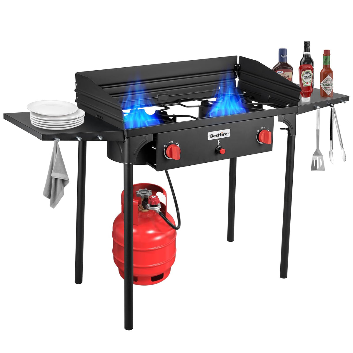Bestfire 150,000 BTU 2 Burner Propane Camping Stove with Auto Ignition, Windpanel, Portable Outdoor Gas Cooker with Removable Legs, Side Shelves for Camping, BBQ