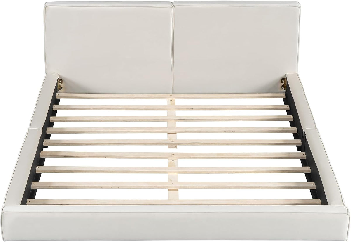 Grounded Bed Upholstered Platform Bed with Unique Design Thick Fabric Headboard, Wood Platform Bed Frame for Kids Adults Bedroom Furniture, Upholstered Floor Bed (Beige-11, Queen)