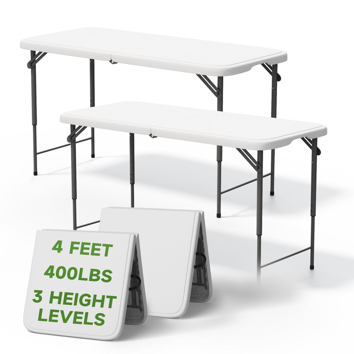 4 FT Folding Table, 3-Position Adjustable Height, Heavy Duty 400 lbs Capacity, Portable Table for Camping, Party, Indoor & Outdoor (Black Wood Grain, 2 Pack)