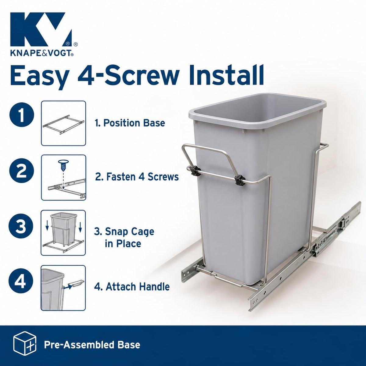 Knape & Vogt Soft-Close Pull-Out Trash Can for Cabinets, 20 Qt (5 Gallon) Bottom Mount Single Kitchen Trash Bin, 8-3/8 in. x 20-1/8 in. x 17-5/16 in., SCB9-1-20PT, Platinum