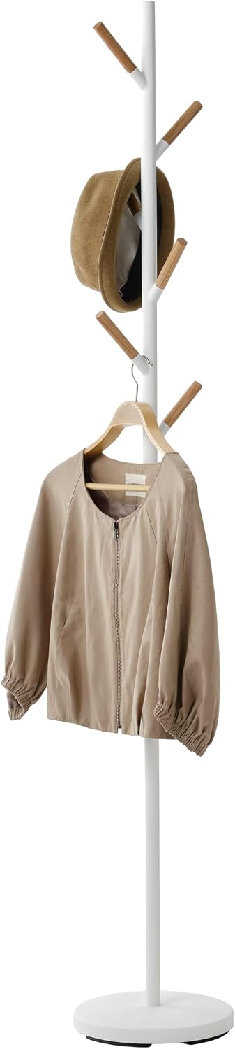 YAMAZAKI Home Freestanding Coat Rack Stand – Modern Coat Tree with Wooden Hooks, Standing Coat Hanger for Entryway, Sturdy Weighted Base, Steel, White, Easy Assembly