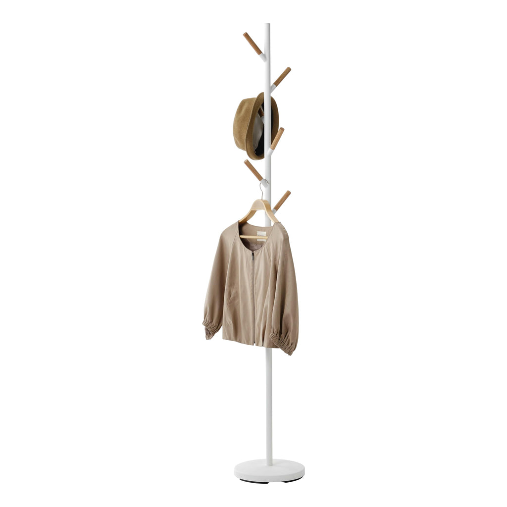 YAMAZAKI Home Freestanding Coat Rack Stand – Modern Coat Tree with Wooden Hooks, Standing Coat Hanger for Entryway, Sturdy Weighted Base, Steel, White, Easy Assembly