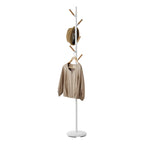 YAMAZAKI Home Freestanding Coat Rack Stand – Modern Coat Tree with Wooden Hooks, Standing Coat Hanger for Entryway, Sturdy Weighted Base, Steel, White, Easy Assembly