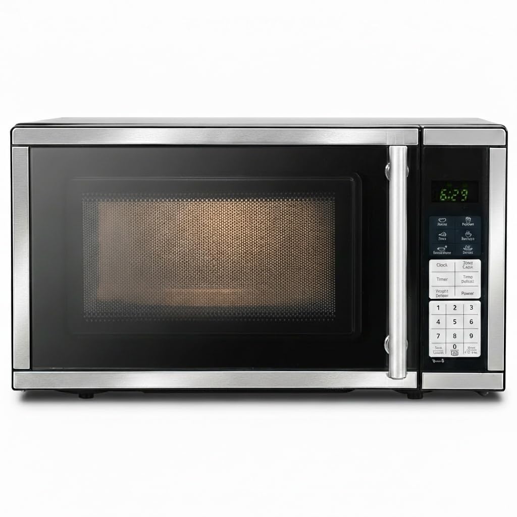 Countertop Small Microwave Oven 0.9 Cu. Ft, 900W Compact Microwave with LED Lighting, 6 Auto Menus, Turntable, Child Lock, Easy-Clean, Memory for Kitchen, Home, Dorm Essentials, Stainless Steel