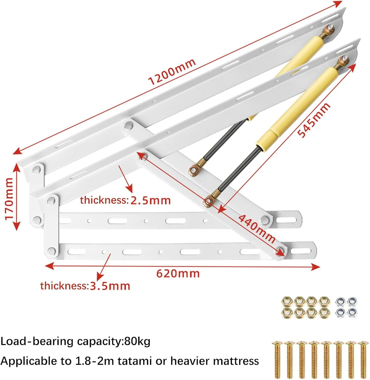 1 Pair Bed Lift Mechanism Heavy Duty Gas Spring Bed Storage Lift Kit, Hydraulic Pneumatic Rod Folding Lift For Bed Gas Spring Bed Storage Lift Kit, Folding Bed Accessories, 62-150cm(Black,1200mm)