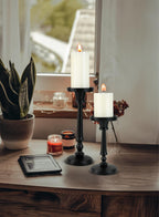 Serene Spaces Living Twilight Black Pillar Candle Holder, Elegant Cast Iron Candle Stand for Home Décor, Weddings, Birthdays, Cozy Evenings - Sturdy Base, 4.25" Diameter & 8.75" Tall, Pack of 6