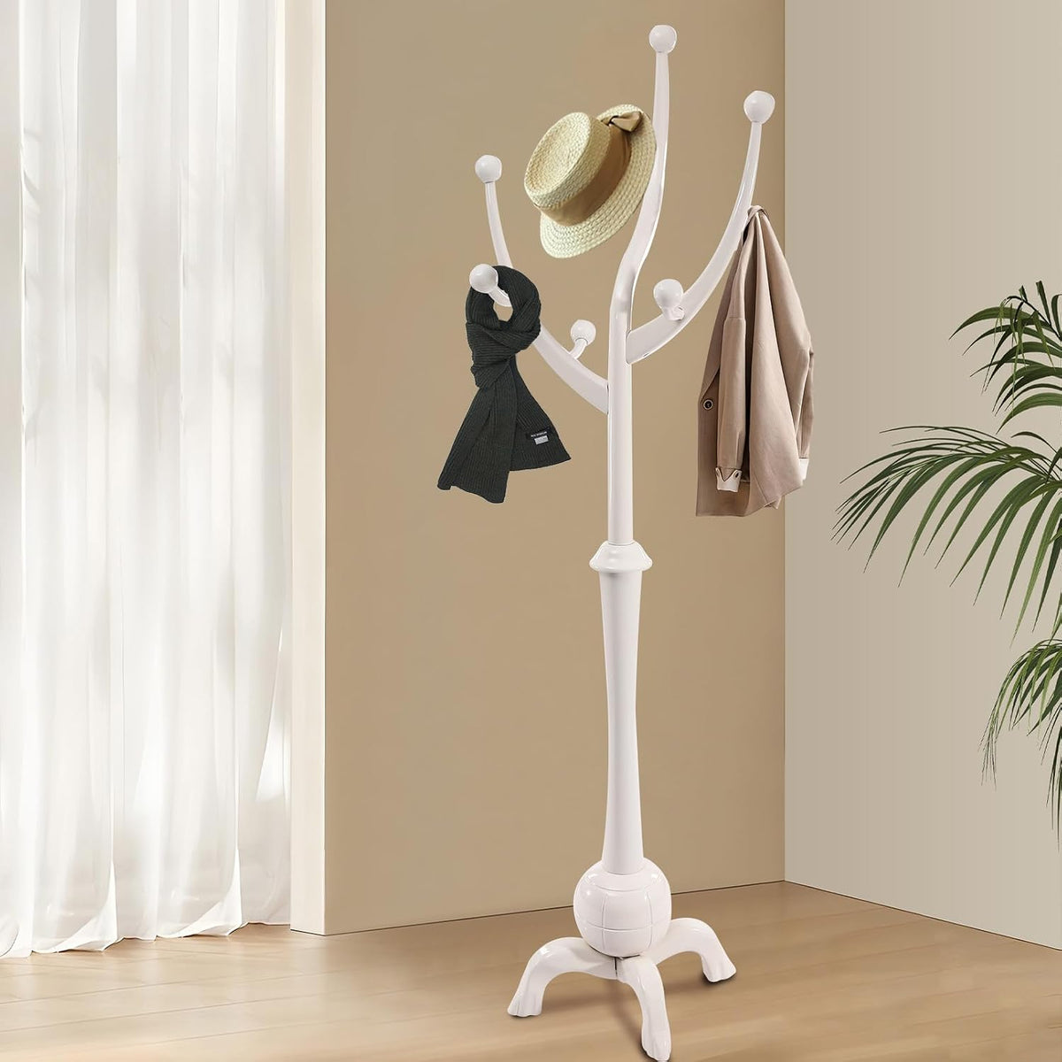 70 Inch Floor Coat Tree with 8 Hooks, Free Standing Coat Rack Modern Clothes Rack Wooden Garment Rack White for Entrance Living Room Bedroom