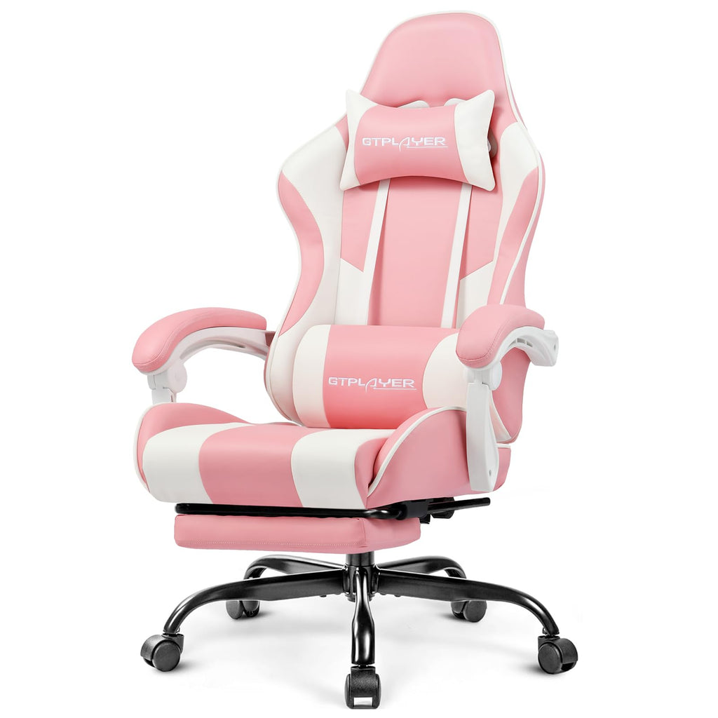 GTPLAYER Gaming Chair, Computer Chair with Footrest and Lumbar Support, Height Adjustable Game Chair with 360°-Swivel Seat and Headrest and for Office or Gaming (Pearl White)