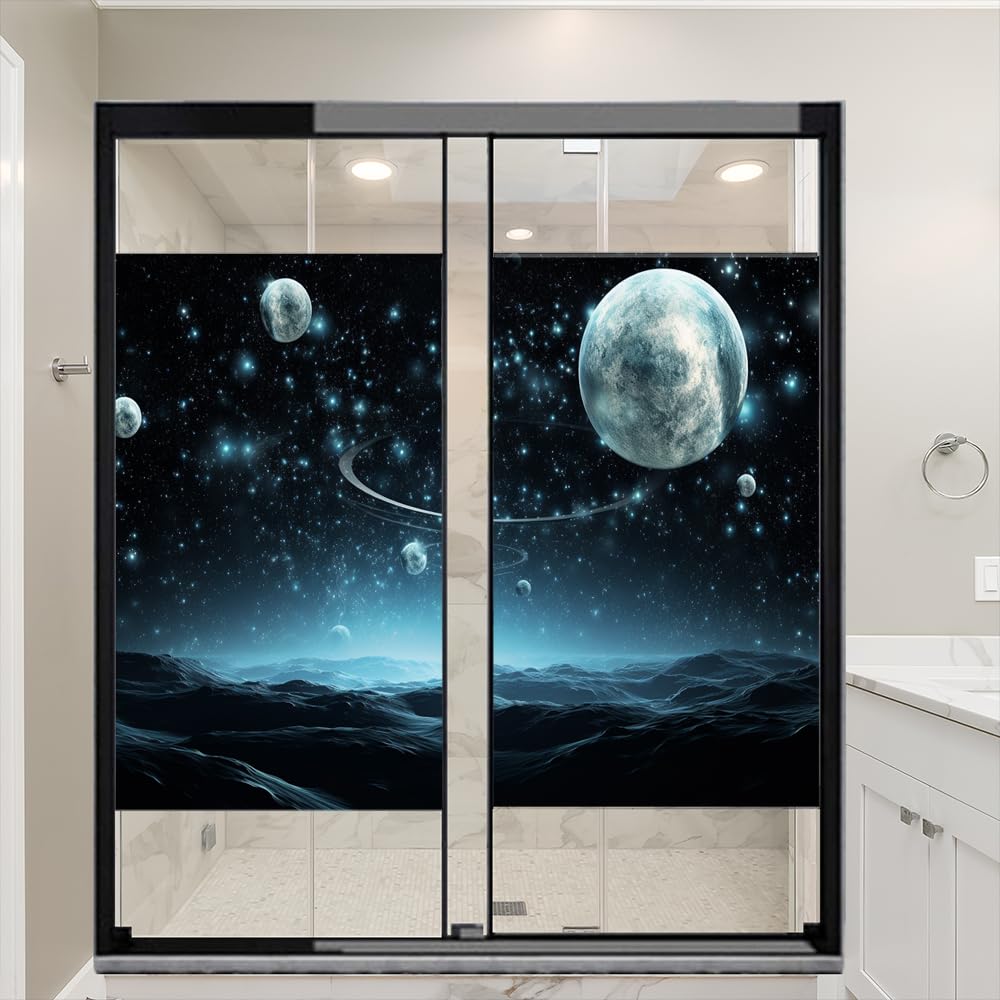 Abstract Universe Privacy Window Film Blue Galaxy Mysterious Planet Stained Glass Window Coverings Adhesive Sticker Frosted Window Film for Home Office Stores 31.5Wx47.2L-inch x2 Pcs
