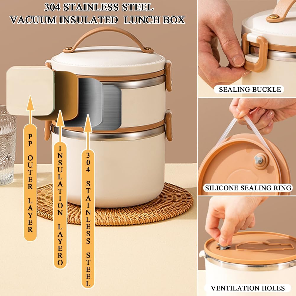 Insulated Food Container，Thermal Soup Flask， Stackable Lunch Box 304 Stainless Steel Leak Proof Lunch Container for Adults Portable Food Container for Office Work Home Picnic(1 Tier 1000ML)