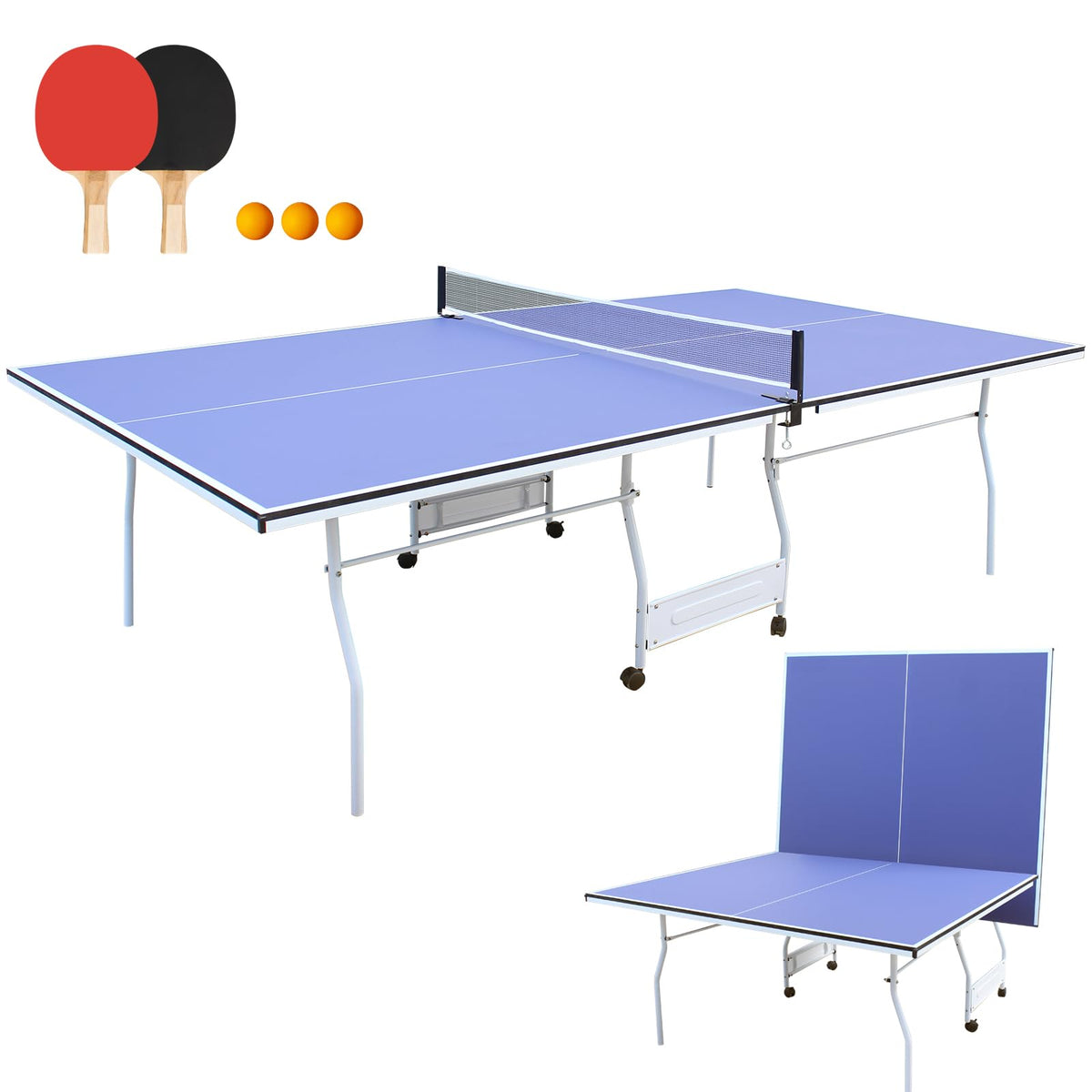 4.5/6ft/9ft Mid-Size Portable Ping Pong Tables Set, Foldable Table Tennis Table with Net,2 Paddles & 3 Balls, Multi-Use Free Standing Ping Pong Table for Indoor/Outdoor