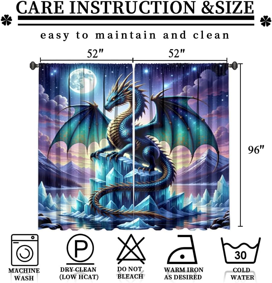 Fantasy Mythical Animal Dragon Curtains,Dreamy Galaxy Full Moon Room Darkening Blackout Window Treatment,Mythological Wildlife Dragon Rod-Pocket Privacy Curtains,2pcs,Each 52“W x 96”L