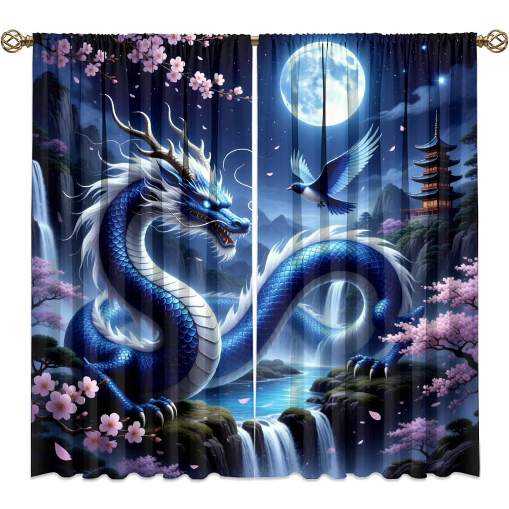 Traditional Ukiyoe Wildlife Dragon Curtains-Dreamy Ancient Japan Architecture Rod Pocket Back Tab Window Drapes,Japanese Samurai Thermal Insulated Blackout Curtain,2pcs,Each 52“W x 96”L