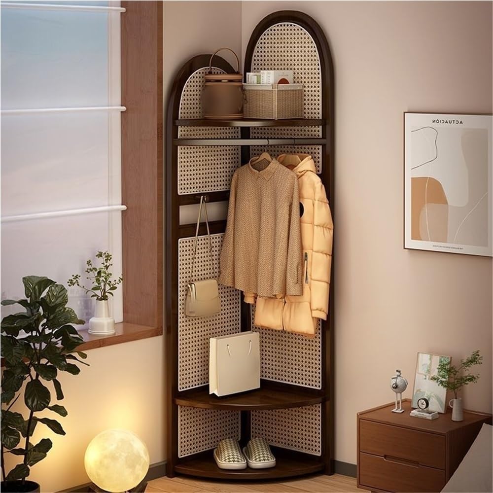 Freestanding Entryway Coat with Hooks, Boho Floor Standing Clothes Rack with Shoes Shelf, Rattan Clothes Rack Corner for Bedroom, Living Room, Hallway 17''x17''x76''(Brown A)