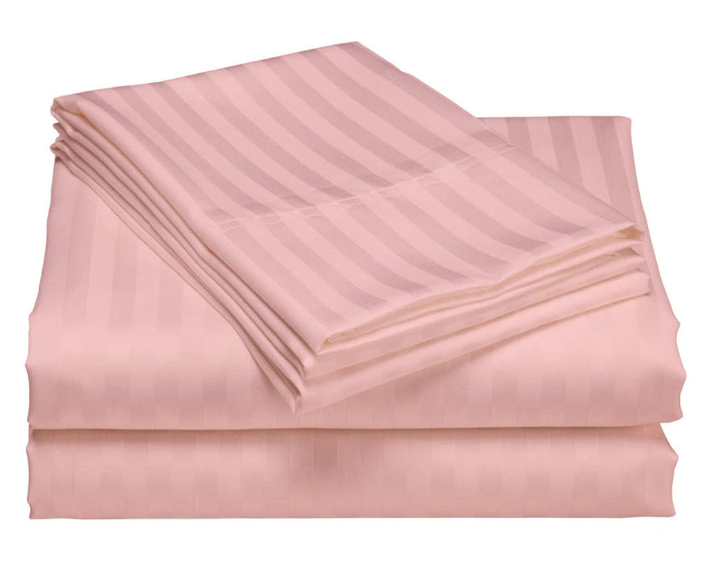 USA Queen Sheet Set in Peach Stripe 400 Thread-Count 100% Egyptian Long Staple Cotton, Sateen Weave for Soft and Silky Feel, Breathable 4-Piece Bedsheet, Elasticized 24'' Extra Deep Pocket