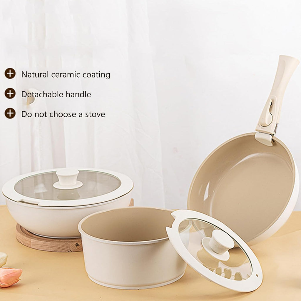 Pots and Pans Set Non Stick Detachable Handle Cookware, Ceramic Kitchen Cookware Sets, Removable Handle Pots and Pans 6 Piece, RV Cookware