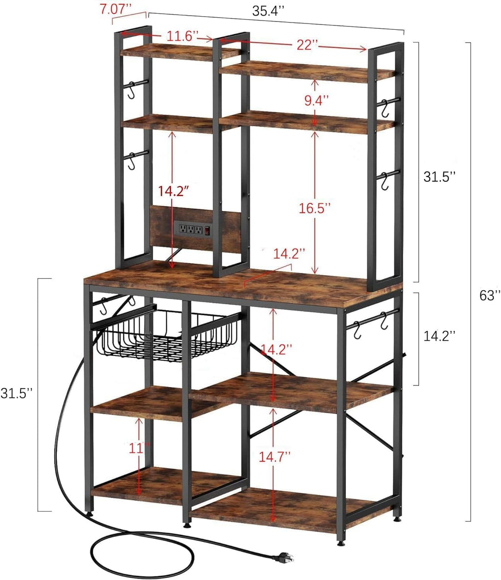 Cheersstar Bakers Rack with Power Outlet -, Standing Kitchen Baker’s Rack, 6-Tier Microwave Stand, Coffee Bar with 12 S-Shaped Hooks, Kitchen Shelf with Storage, Coffee Bar Station, for Rustic Brown