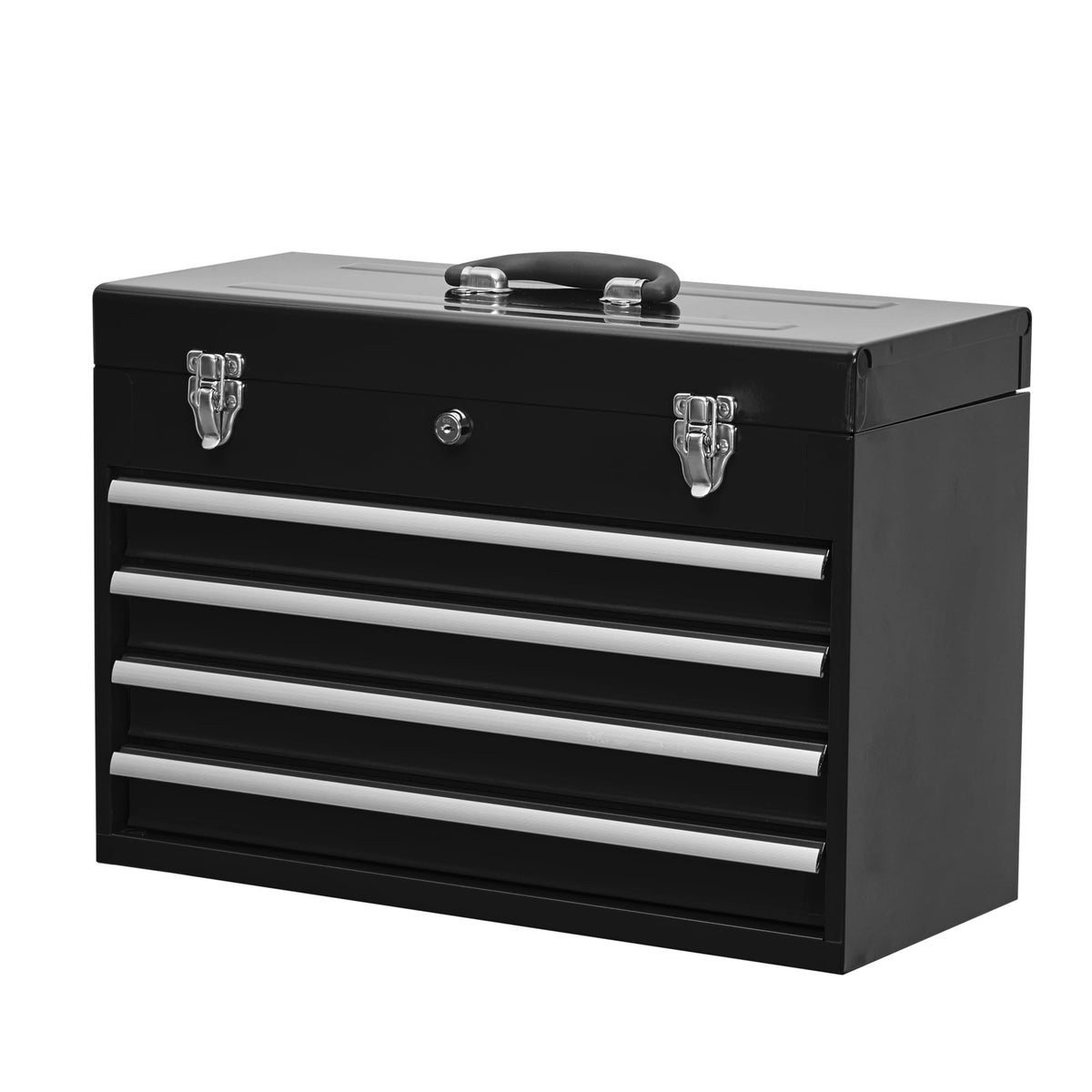 4 Drawers Metal Tool Box, 21" Portable Steel Tool Chest w/Key Lock&Latch Closure, Multi-Function Top Storage Tray Toolbox w/Powder Coating&Ball Bearing Slides (Style 1-4 Drawers - Blue)