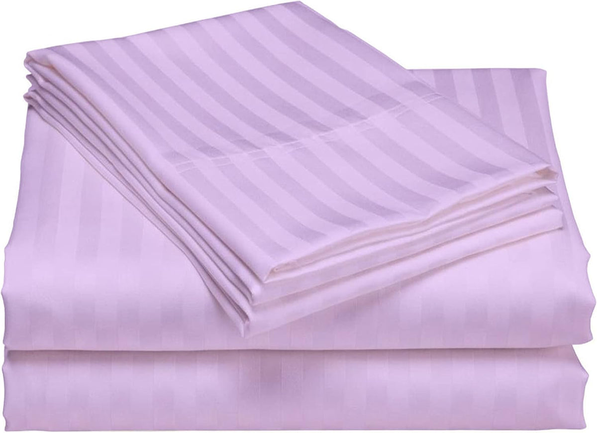 USA Short Queen Sheet Set in Lilac Stripe 400 Thread-Count 100% Egyptian Long Staple Cotton, Sateen Weave for Soft and Silky Feel, Breathable 4-Piece Bedsheet, Elasticized 24'' Extra Deep Pocket