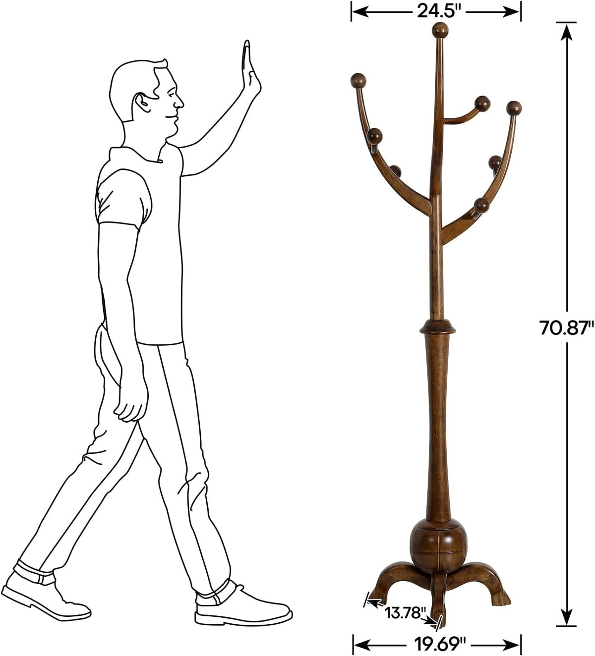 Bekrvio Coat Rack Freestanding Wood Coat Tree Rack with 8 Hooks, Walnut