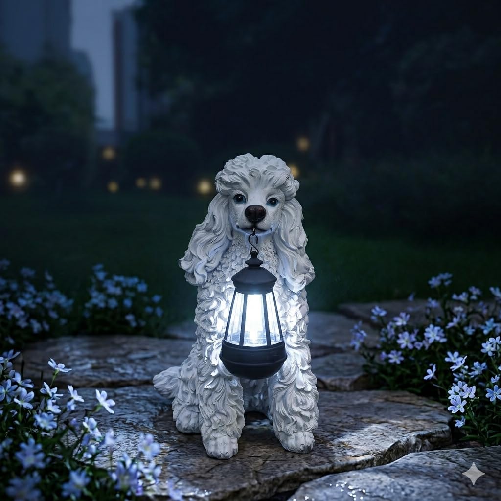 Lifelike Black and White Cocker Spaniel Garden Statue with Solar Lantern and Decorative Tag, Resin Puppy Figurine Outdoor Decor, Yard Art for Patio Lawn Porch